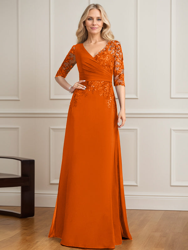Robe de mère de la mariée en mousseline de dentelle, coupe trapèze, col en V, longueur au sol, ornée de sequins plissés 