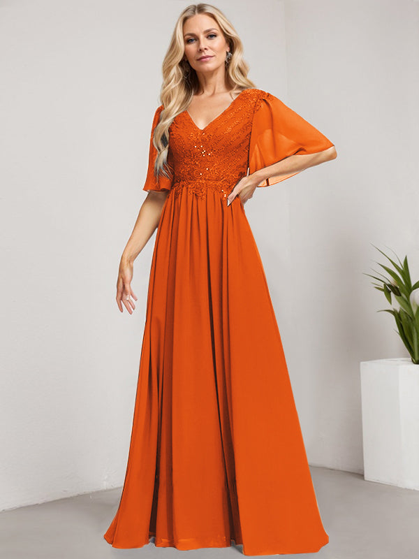 Vestido de novia de corte A, escote en V, largo hasta el suelo, de gasa de encaje con lentejuelas para la madre de la novia 