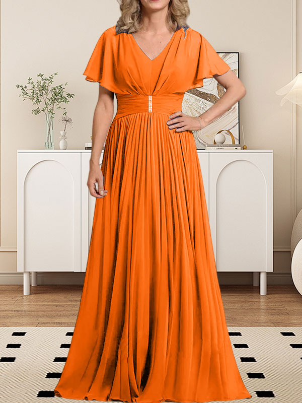 Vestido de gasa de corte A, escote en V, largo hasta el suelo, para la madre de la novia, con broche de cristal y pliegues. 