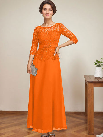 A-line Scoop Illusion Ankle-Length Chiffon Lace Mother of the Bride Dress With Rhinestone Beading