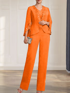 Combinaison/Tailleur-pantalon deux pièces, robe longue en mousseline à col V pour la mère de la mariée
