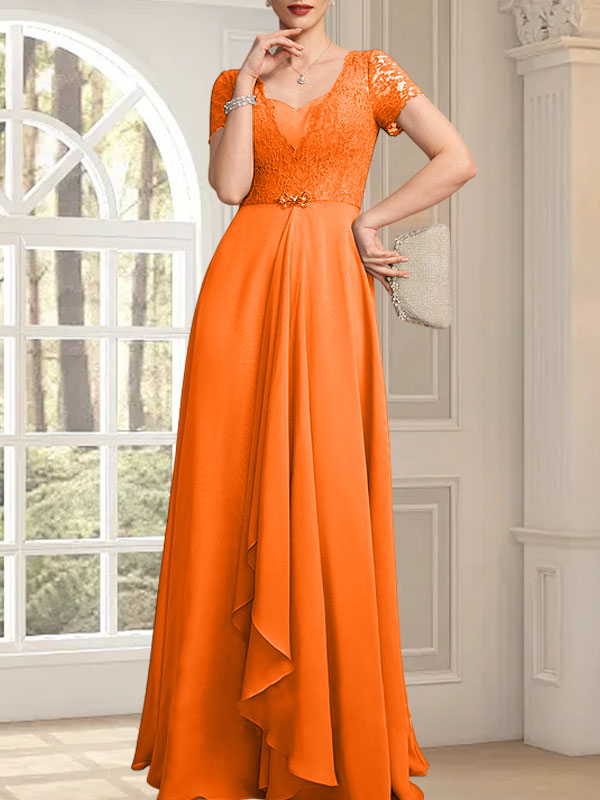 Vestido de corte A, escote corazón, largo hasta el suelo, de gasa, encaje, con cuentas y volantes en cascada para la madre de la novia.