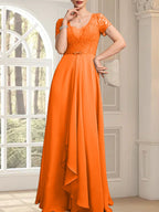Vestido de corte A, escote corazón, largo hasta el suelo, de gasa, encaje, con cuentas y volantes en cascada para la madre de la novia.