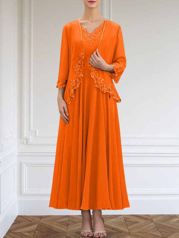 Vestido de corte A, escote en V, largo hasta el tobillo, de gasa, para la madre de la novia, con apliques de lentejuelas, encaje y pedrería.