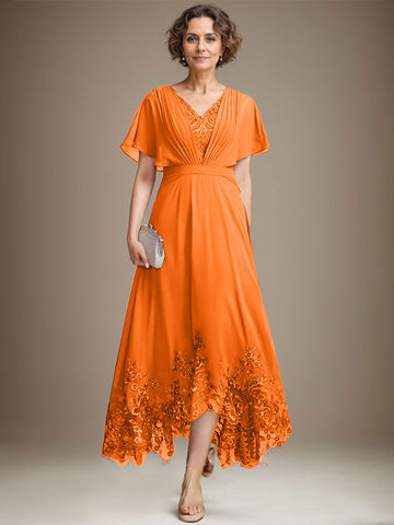 A-line V-Neck Asymmetrical Lace Chiffon Mother of the Bride Dress With Pleated
