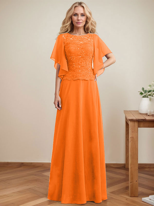 Vestido de novia de corte A, escote redondo, ilusión, largo hasta el suelo, de encaje y gasa con lentejuelas. 
