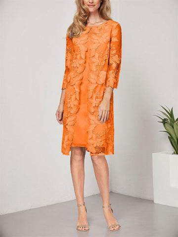 Vestido de corte A, escote redondo, largo hasta la rodilla, de gasa y encaje, para la madre de la novia, con chaqueta. 