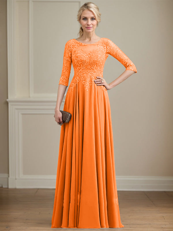 Robe de mère de la mariée en mousseline de dentelle, coupe trapèze, décolleté illusion, longueur au sol, ornée de sequins 