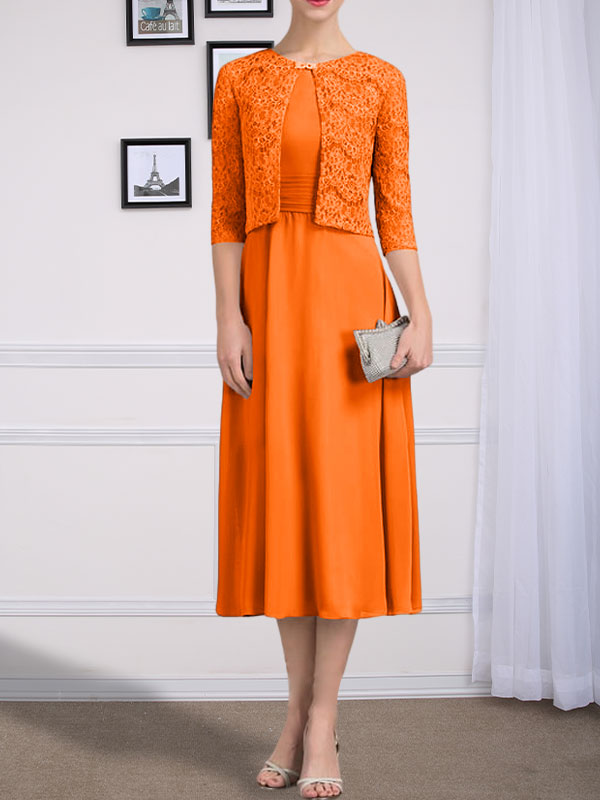 Vestido de chifón de corte línea A, largo té, para la madre de la novia, con escote redondo y pliegues.
