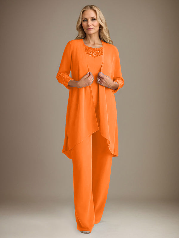 Traje pantalón de gasa con escote redondo y mangas largas para la madre de la novia, con chaqueta. 
