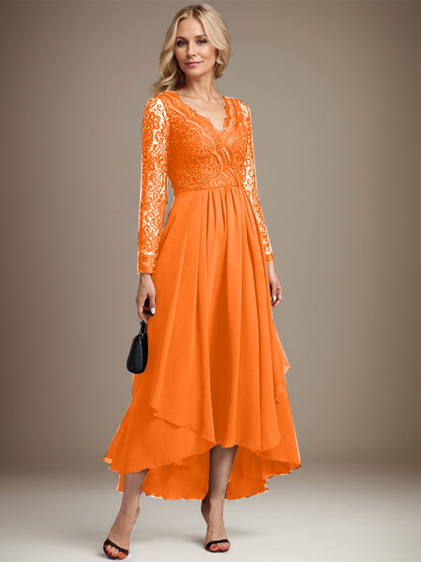 Vestido de novia de gasa con encaje asimétrico, escote en V y corte en A para la madre de la novia 