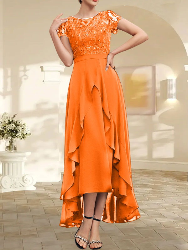 Vestido de novia asimétrico de gasa con encaje, corte en A, escote ilusión, detalle de lazo, volantes y lentejuelas para la madre de la novia 