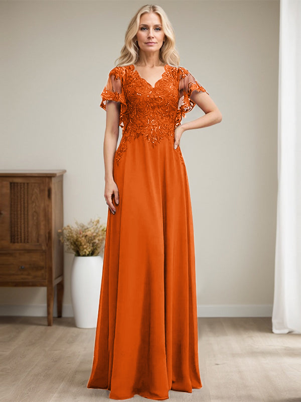 Vestido de novia de corte A, escote en V, largo hasta el suelo, de gasa de encaje con lentejuelas para la madre de la novia 