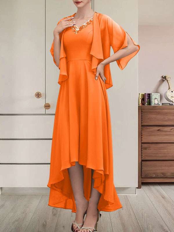 Vestido de corte A, escote en V, asimétrico, de gasa, para la madre de la novia, con lentejuelas y pedrería.