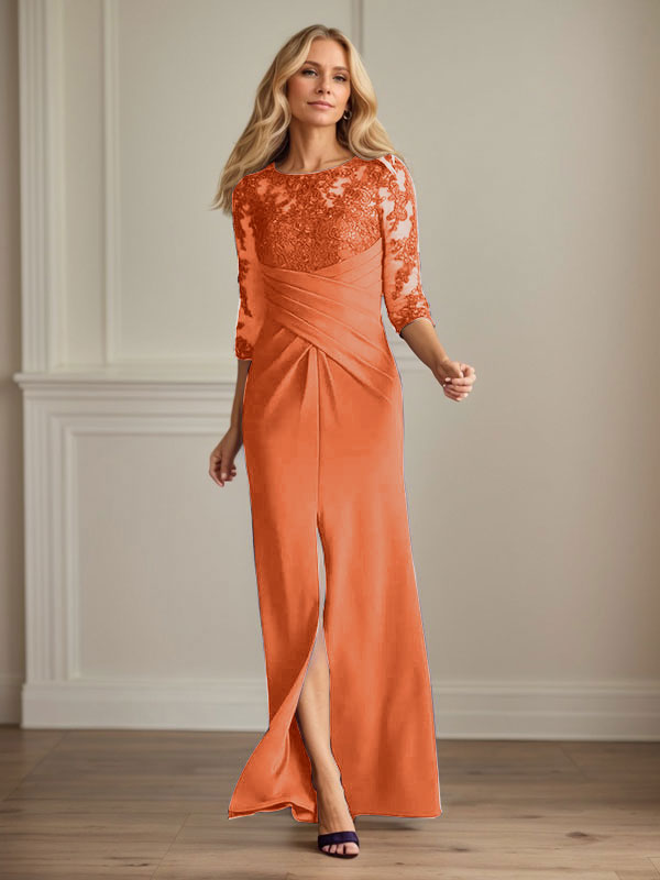 Vestido de madrina de la novia color ciruela, de encaje elástico y corte sirena. 