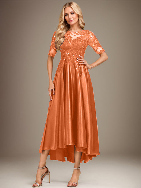 Robe de mère de la mariée asymétrique en satin stretch dentelle et dentelle, coupe trapèze, effet illusion, ornée de sequins 