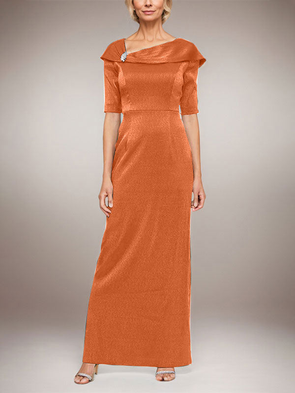 Vestido largo columna brillante con puño doblado, escote en L y mangas al codo