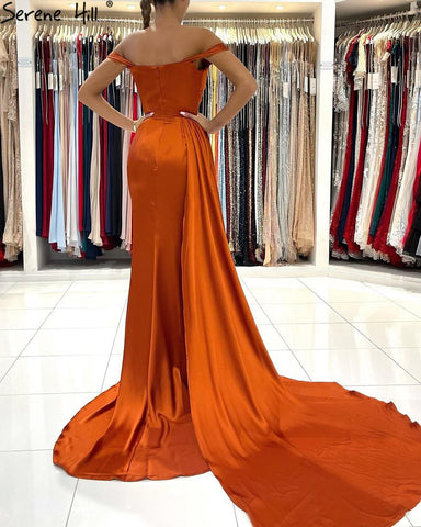 Orange Simple Mermaid High Split Evening Dresses Gowns 2025 Satin Elegant Sexy For Women Party LA71422