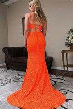 Vestido largo de fiesta de dos piezas con lentejuelas, estilo sirena y escote en V.
