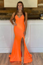 Vestido largo de fiesta de sirena de satén con tirantes naranjas SYP102
