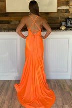 Vestido largo de fiesta de sirena de satén con tirantes naranjas SYP102