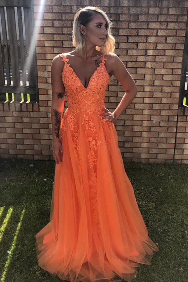 Tulle Backless A-line V-neck Lace Appliques Prom Dresses