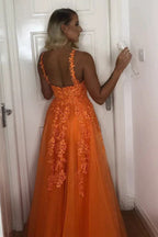 Tulle Backless A-line V-neck Lace Appliques Prom Dresses