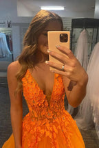 Orange Tulle V-neck Prom Dresses With Lace Appliques, Long Formal Dress