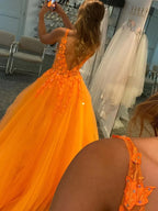 Orange Tulle V-neck Prom Dresses With Lace Appliques, Long Formal Dress