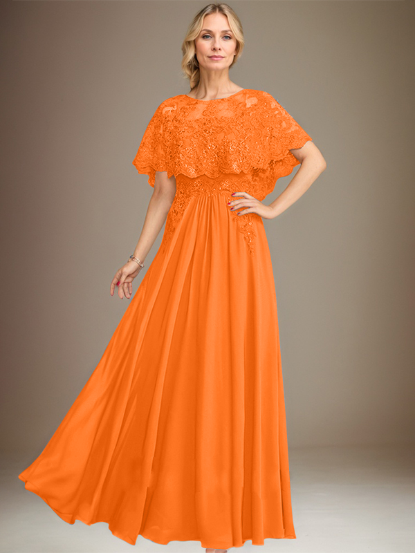Robe de mère de la mariée en mousseline de soie dentelle, coupe trapèze, col bateau, longueur au sol, ornée d'appliqués de sequins 