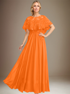 Robe de mère de la mariée en mousseline de soie dentelle, coupe trapèze, col bateau, longueur au sol, ornée d'appliqués de sequins 