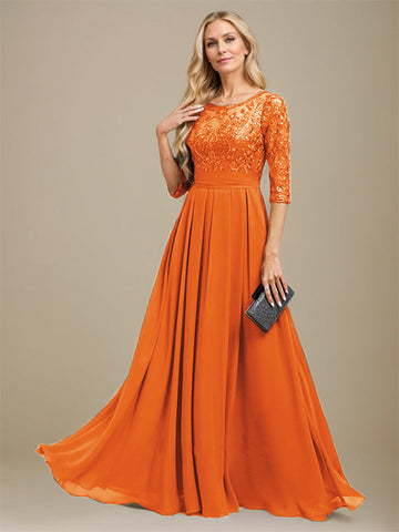 A-Line Scoop Floor-Length Lace Chiffon Mother Of the Bride Dress With Sequins Applique