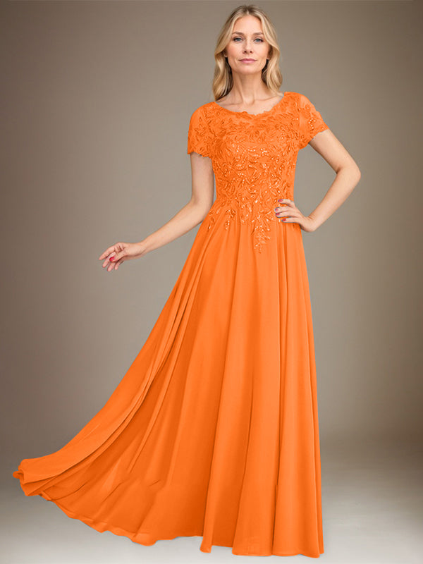 Vestido de corte A, escote redondo, largo hasta el suelo, de gasa, para la madre de la novia, con apliques y lentejuelas. 