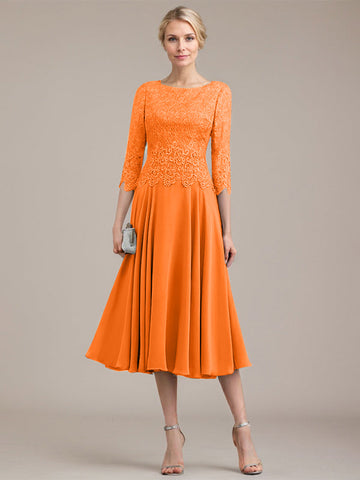 A-line Scoop Tea-Length Lace Chiffon Mother of the Bride Dress