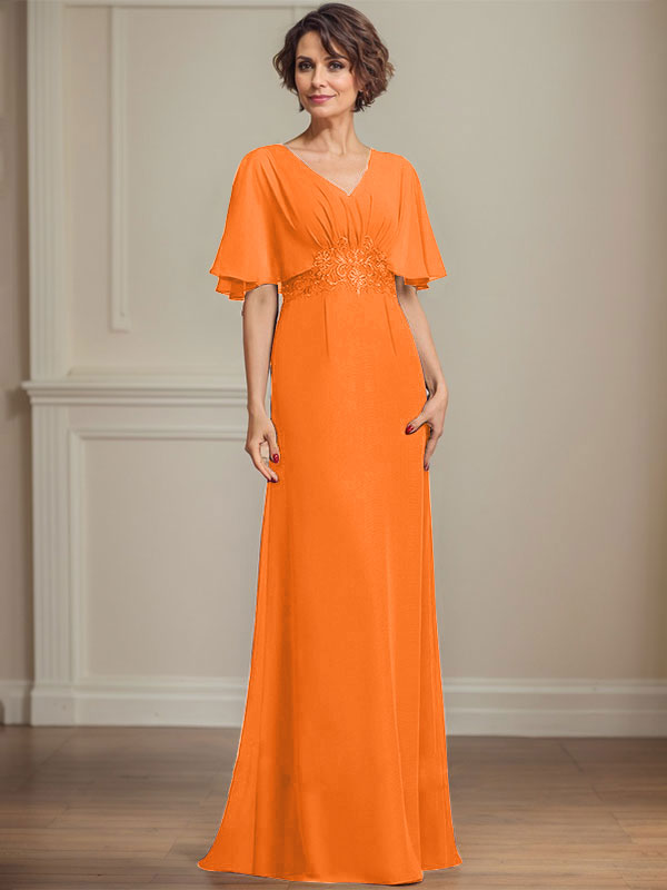 Vestido de corte A, escote en V, largo hasta el suelo, de gasa, para la madre de la novia, con apliques de lentejuelas plisadas y encaje.
