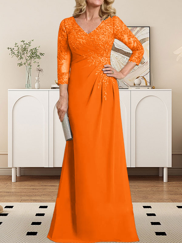 Vestido de novia de corte recto/columna, escote en V ilusión, largo hasta el suelo, de gasa de encaje con lentejuelas plisadas. 