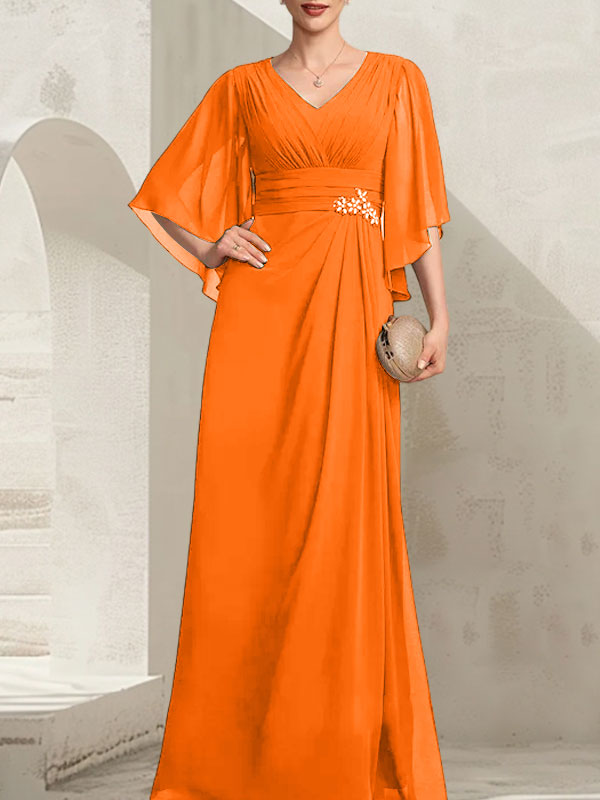Vestido de corte recto/columna, escote en V, largo hasta el suelo, de gasa, para la madre de la novia, con lentejuelas plisadas y pedrería.