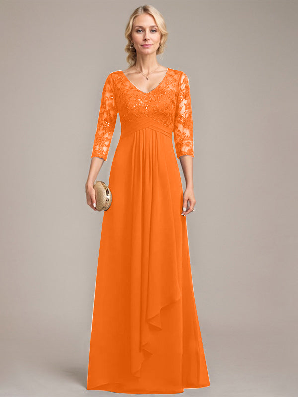 Vestido de novia de corte línea A, escote en V, largo hasta el suelo, de gasa de encaje con volantes en cascada y lentejuelas. 