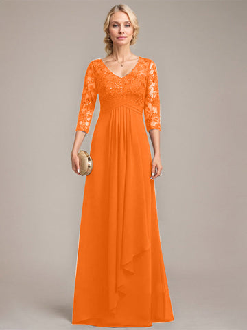 A-line V-Neck Floor-Length Lace Chiffon Mother of the Bride Dress With Cascading Ruffles Sequins