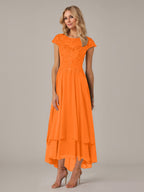 A-line Boat Neck Illusion Asymmetrical Chiffon Lace Mother of the Bride Dress With Applique Pleats