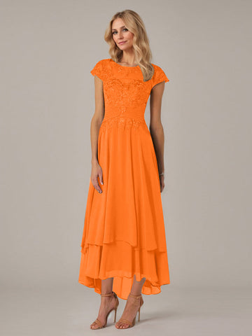 A-line Boat Neck Illusion Asymmetrical Chiffon Lace Mother of the Bride Dress With Applique Pleats