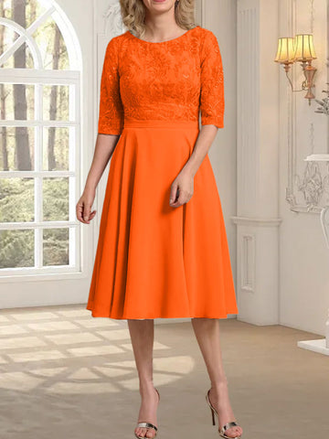 A-line Scoop Knee-Length Lace Chiffon Mother of the Bride Dress