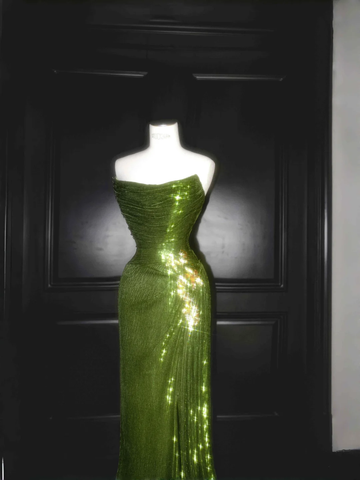 Robe de bal longue sirène à sequins verts sans bretelles, modèle unique Y8659
