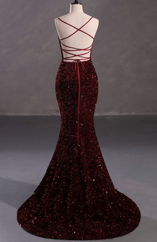 Robe de soirée bordeaux moulante à paillettes et dos nu Y4164