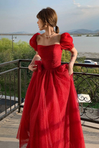 Robe de bal longue en tulle rouge, coupe trapèze, référence Y7771