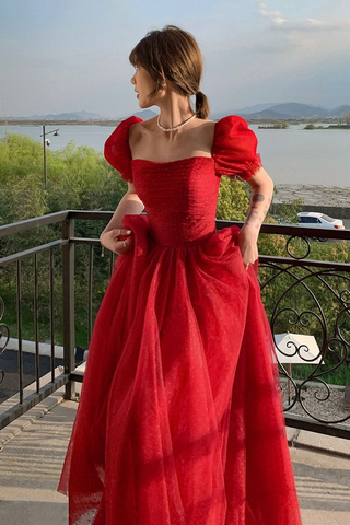 Precioso vestido de fiesta rojo de tul corte A, vestido largo de noche Y7771