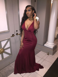 Robe de soirée sirène bordeaux élégante à col en V Y6340