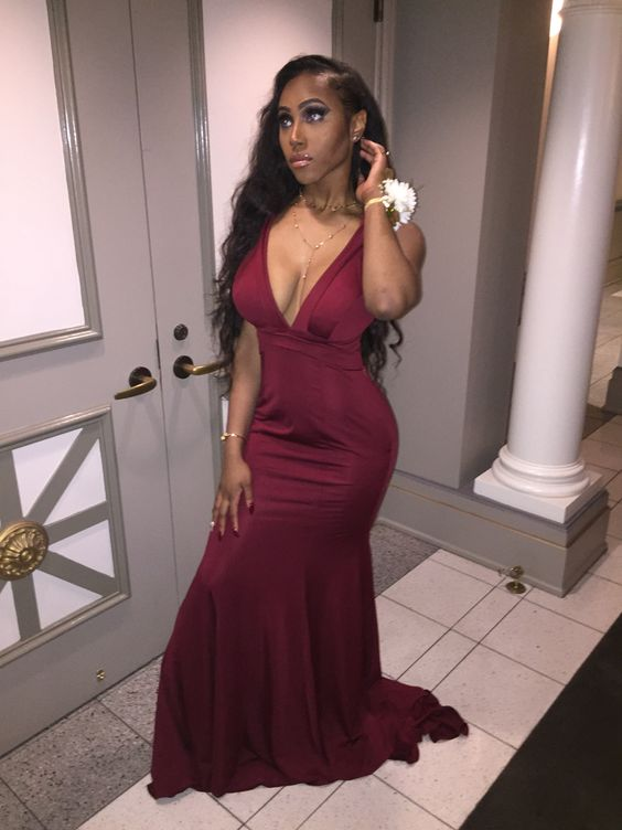 Robe de soirée sirène bordeaux élégante à col en V Y6340