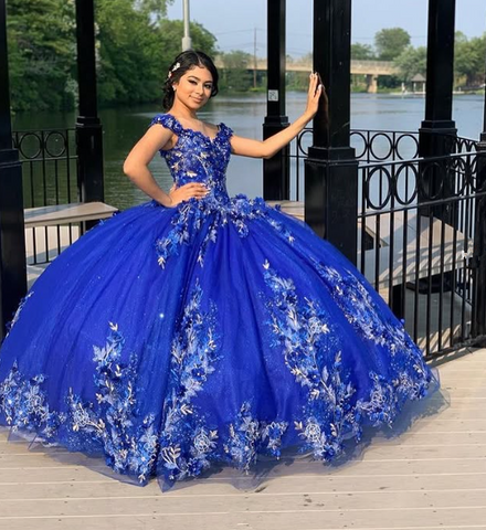 Robe de bal bleu royal pour quinceañera, bustier cœur fleuri 3D, robe de soirée pour les 15 et 16 ans (Y2821)