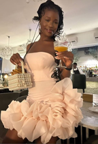 Robe de bal courte plissée rose fuchsia sans bretelles, modèle Y7853